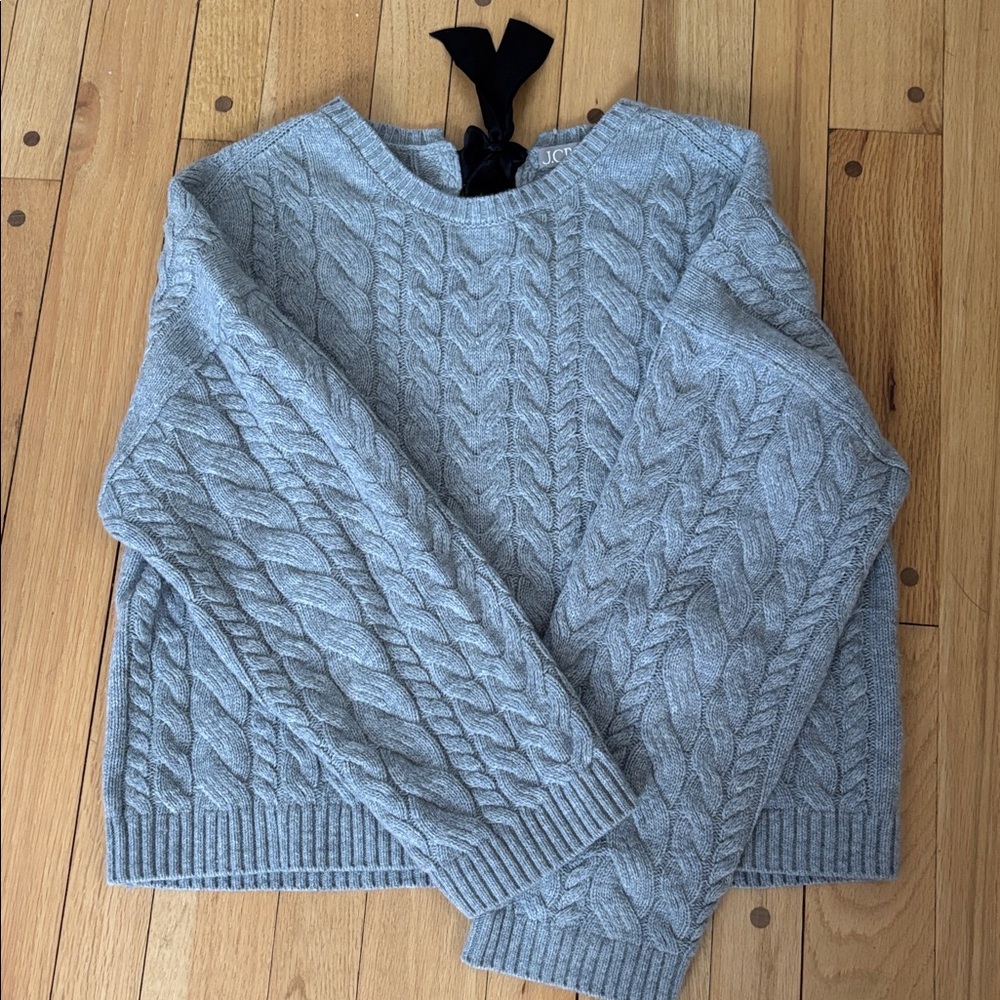 J. Crew Tie Bow Back Cable Knit Wool Blend Boxy Preppy Cute Sweater Gray M